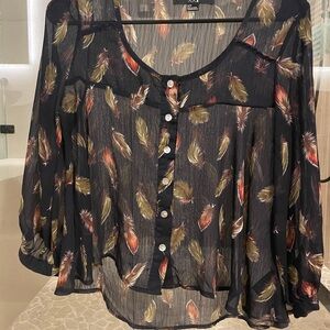 Forever 21 Navy Feather Print Sheer Blouse